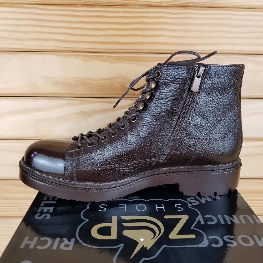 Mens 100% Genuine Leather Brown Ankle Boots 9 US by Paul Branco Side Zip Lace-up